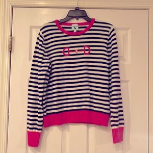 Hallie and the Hound large blue and white striped sweater with pink